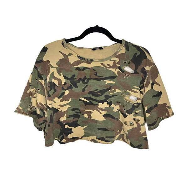 Women’s XL Camouflage T-Shirt Cropped Distressed - Picture 1 of 4